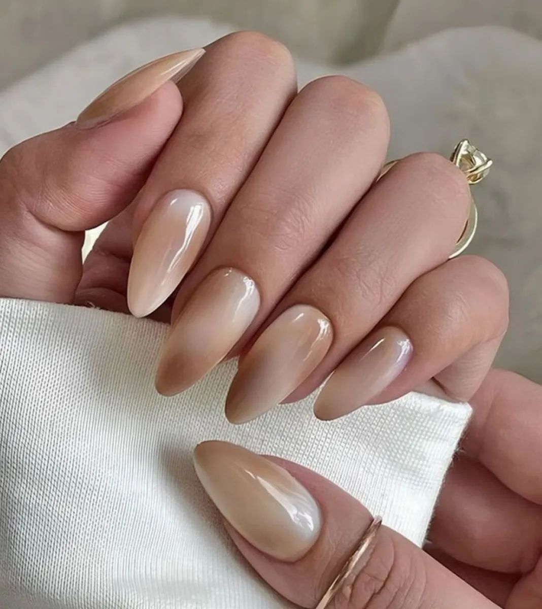 Medium Stiletto Nude to Light Brown Ombre — Winter Champagne Nails