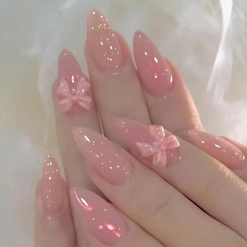 Long Stiletto Pink with 3D Bows Long Stiletto Pink with 3D Bows — Winter Bow Nails