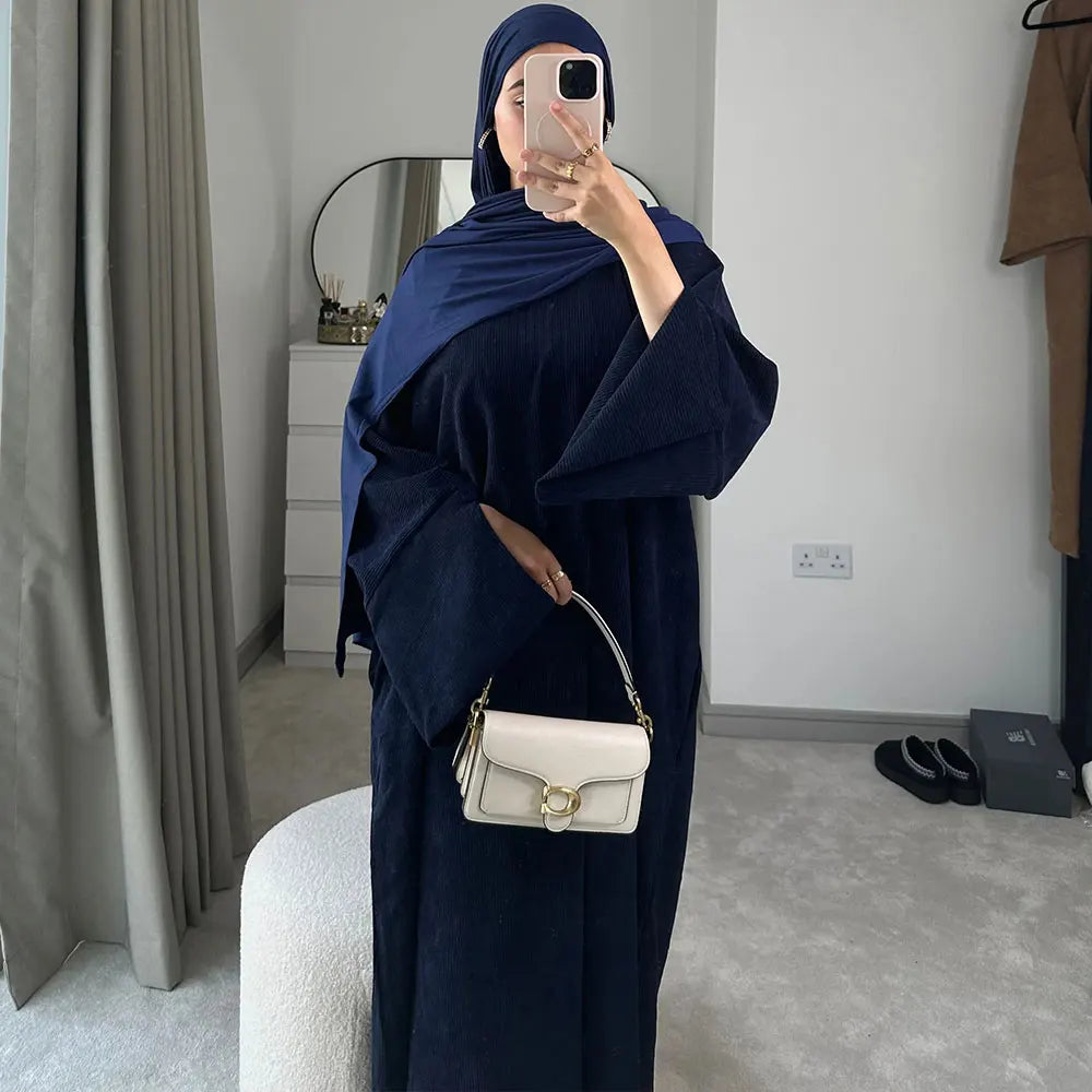 Navy Blue Corduroy Abaya with Matching Hijab Navy Blue Corduroy Abaya with Matching Hijab — Modest Winter Outfits