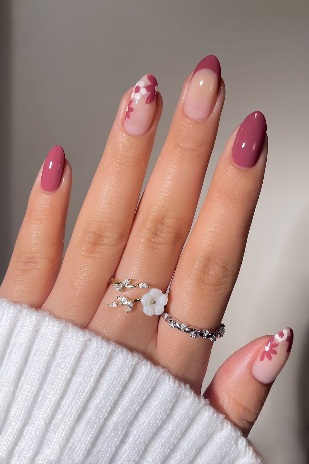 Dusty Rose Burgundy Floral French Dusty Rose Burgundy Floral French — Medium Winter Almond Nails
