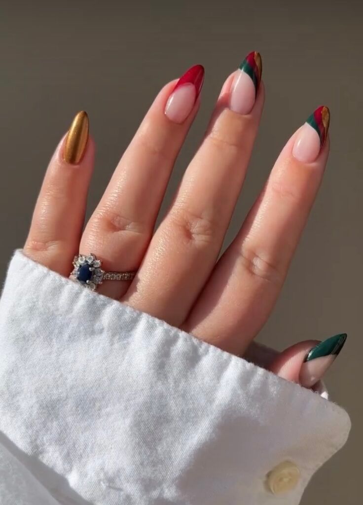 Plaid and Solid Gold Long Stiletto Tips Plaid and Solid Gold Long Stiletto Tips — Red and Green Christmas Nails 2026