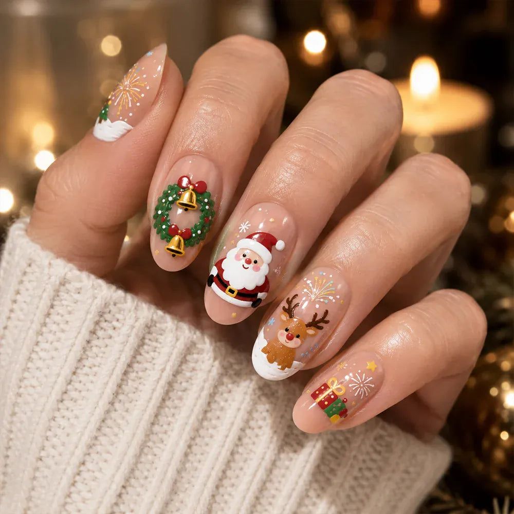 Christmas Decal Oval Nails with Santa Christmas Decal Oval Nails with Santa — Medium Christmas Nails 2026