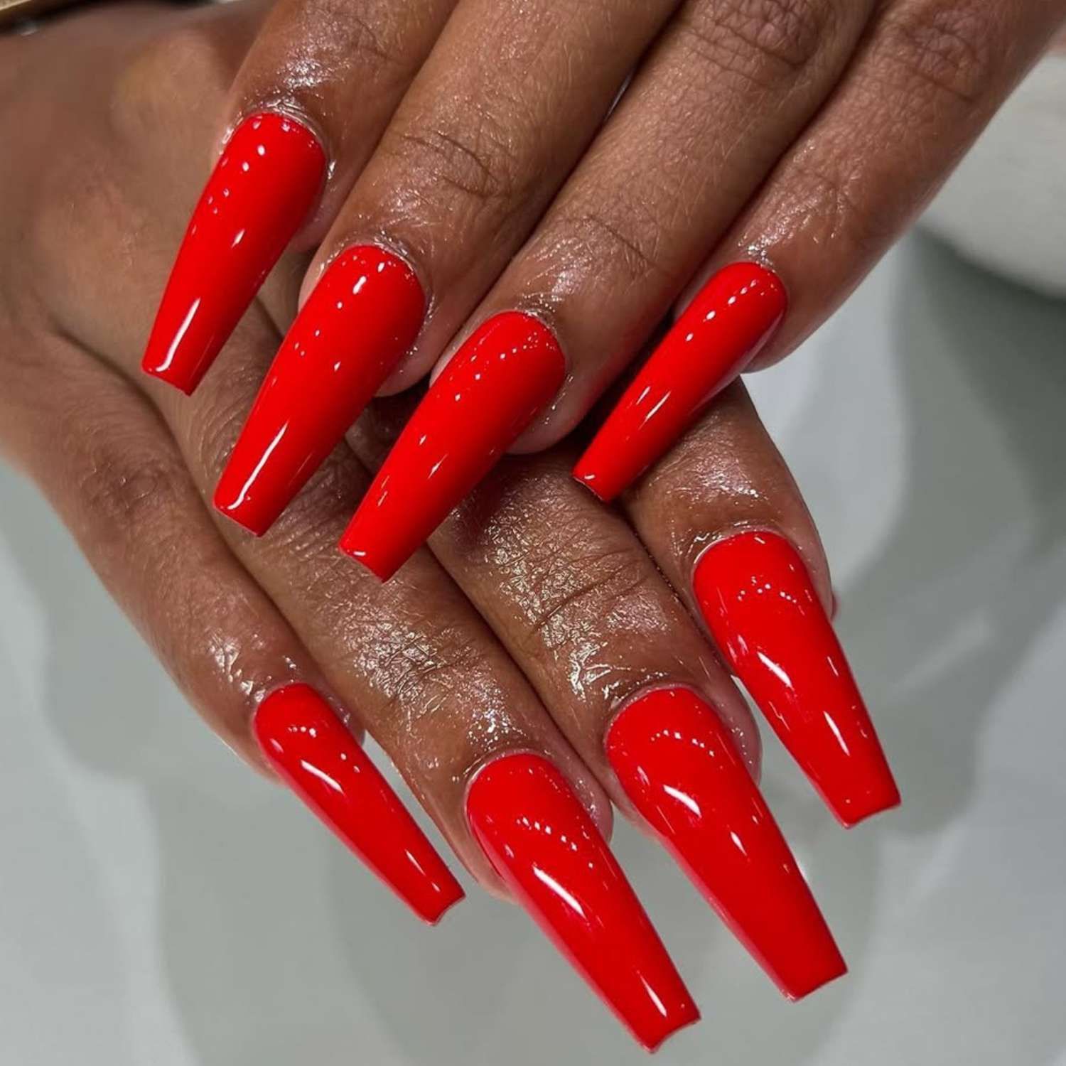 Vibrant Red Glossy Coffin Nails — New Years Acrylic Nails 2027