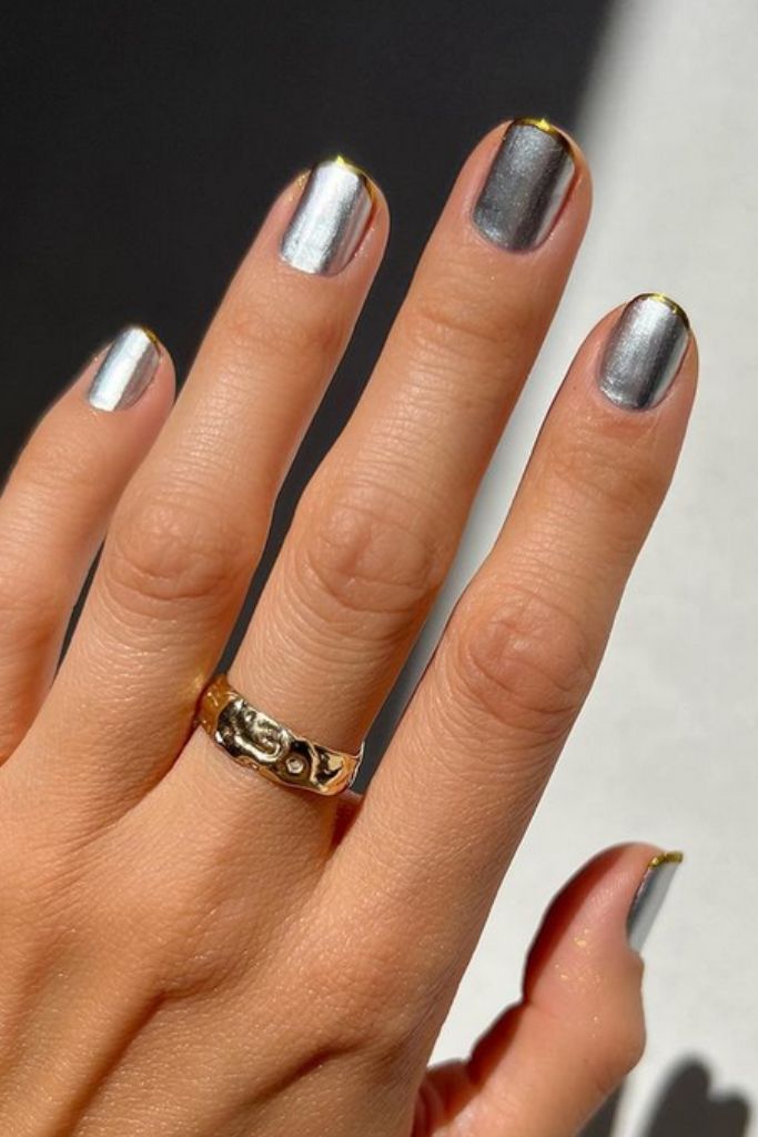 Metallic Silver Cuticle Line Squares — Simple New Years Nails 2027