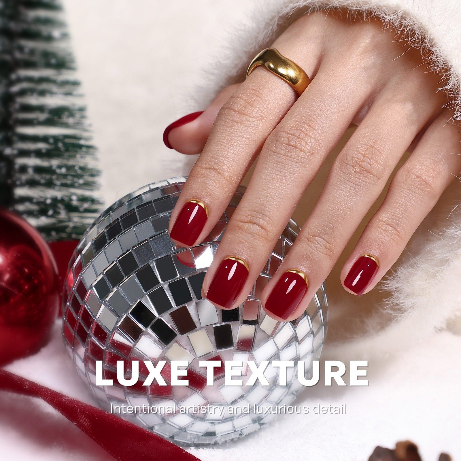 Deep Red Glossy Gold French Tip Nails — Short Christmas Square Nails 2026
