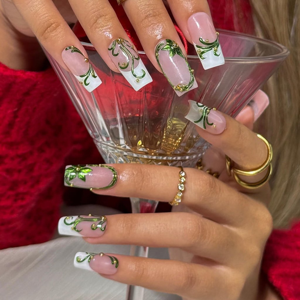 Sheer Pink Emerald Vine Art French Tip Coffin Nails Sheer Pink Emerald Vine Art French Tip Coffin Nails — Christmas Coffin Nails 2026