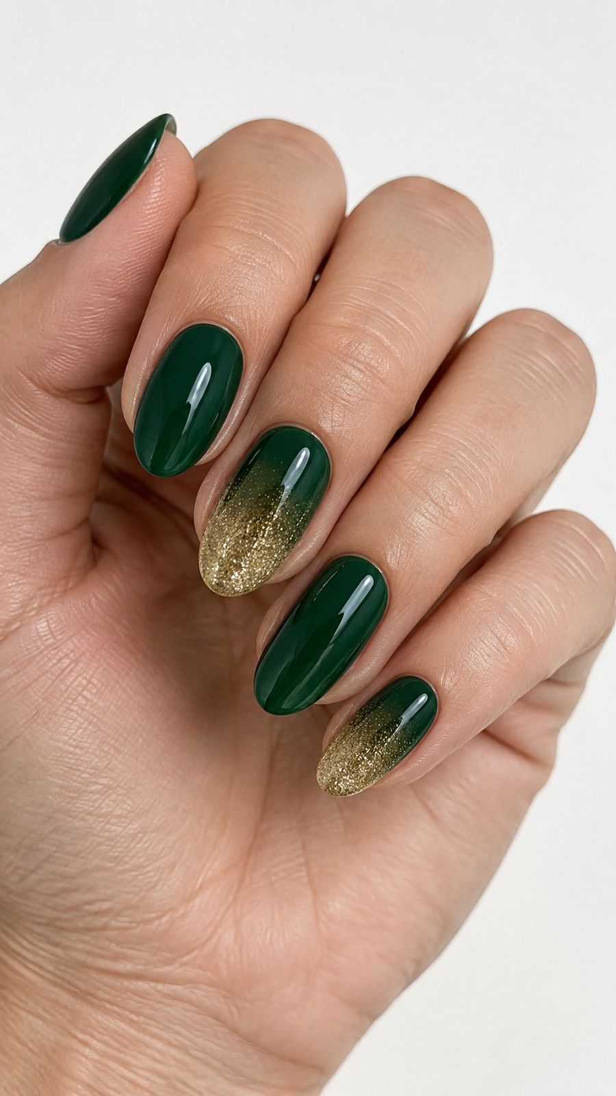 Deep Green with Gold Glitter Gradient — Green Christmas Nails 2026