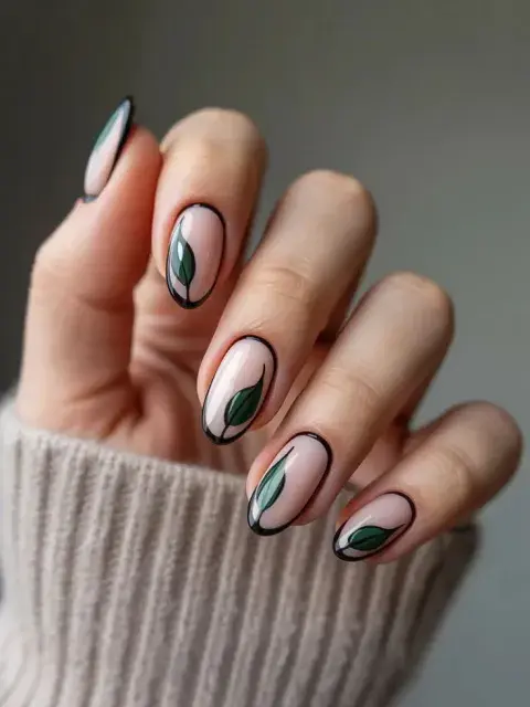 Nude Outline Leaf Motif Oval Nails Nude Outline Leaf Motif Oval Nails — Short Winter Oval Nails