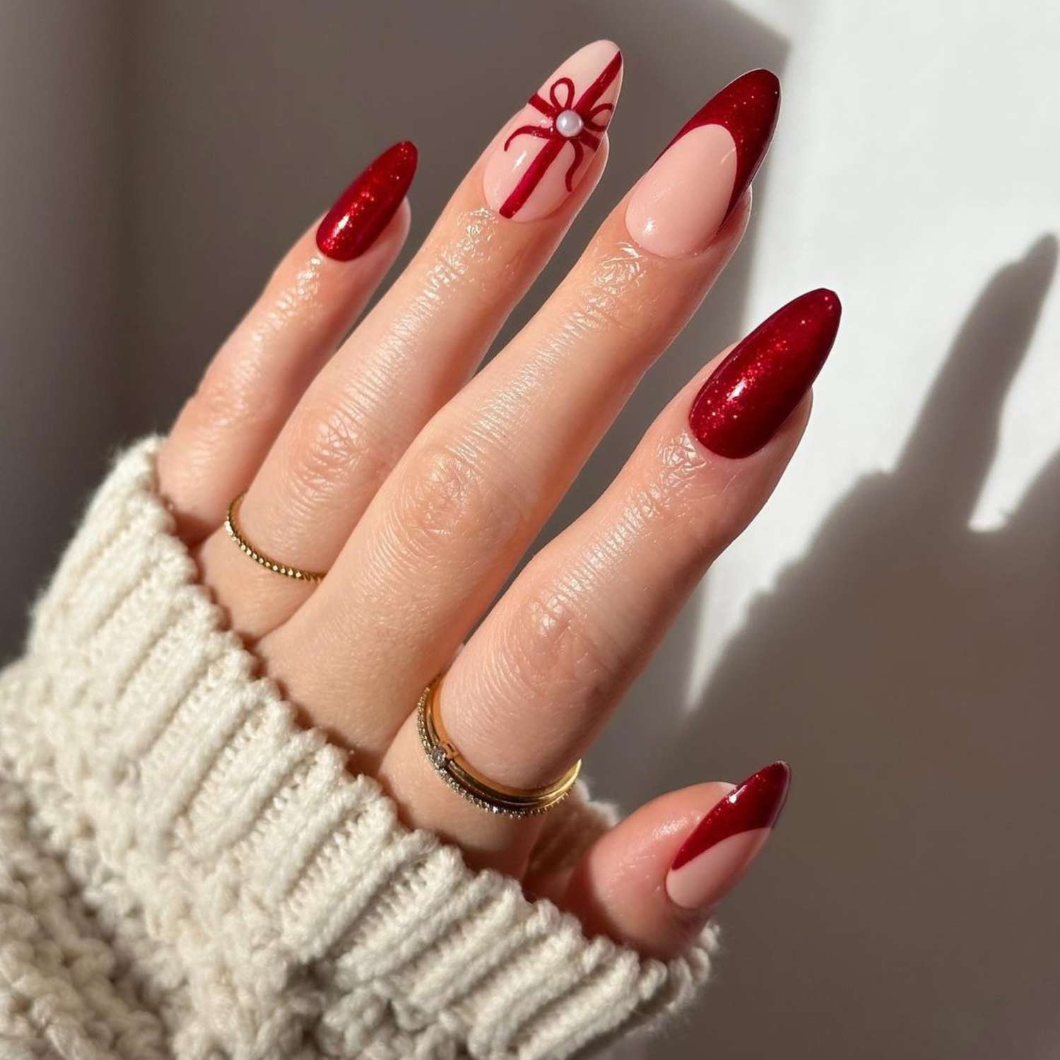 Long Stiletto Red Glitter Bow Nails Long Stiletto Red Glitter Bow Nails — Cherry Red Christmas Nails 2026