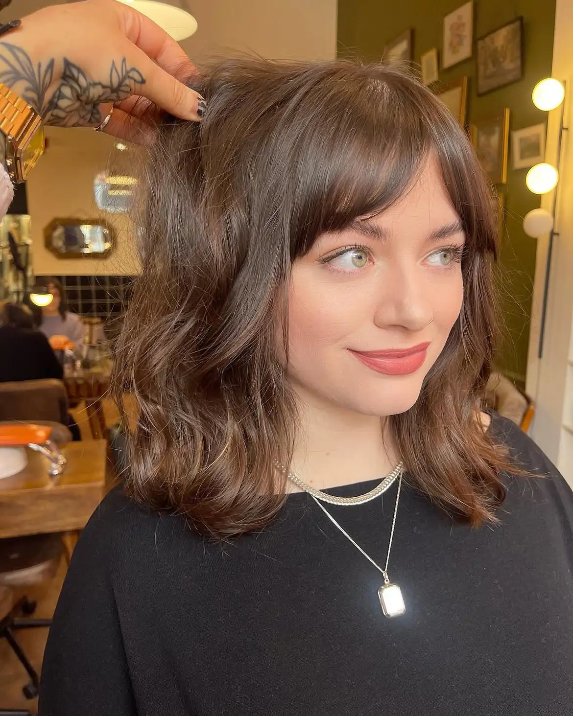 Layered Dark Brown Lob With Full Bangs Layered Dark Brown Lob With Full Bangs — Winter Haircuts with Bangs