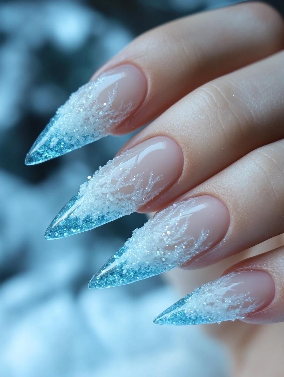 Icy Blue Glitter Frost Tip Almond Nails Icy Blue Glitter Frost Tip Almond Nails — Long Winter Almond Nails