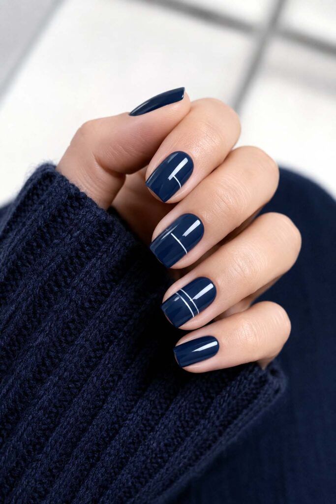 Deep Navy with White Line Accents Deep Navy with White Line Accents — Winter Nail Colors for Short Nails