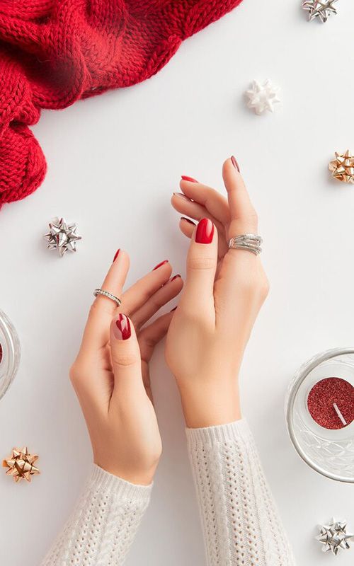 Short Nude Half-Moon Red Accent Nails Short Nude Half-Moon Red Accent Nails — Winter Date Night Nails