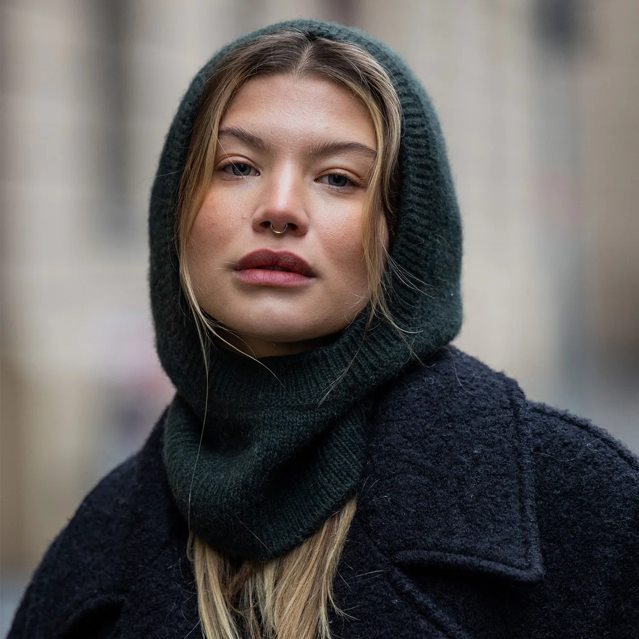 Shoulder Length Wavy Blonde With Balaclava — Winter Hat Hairstyles