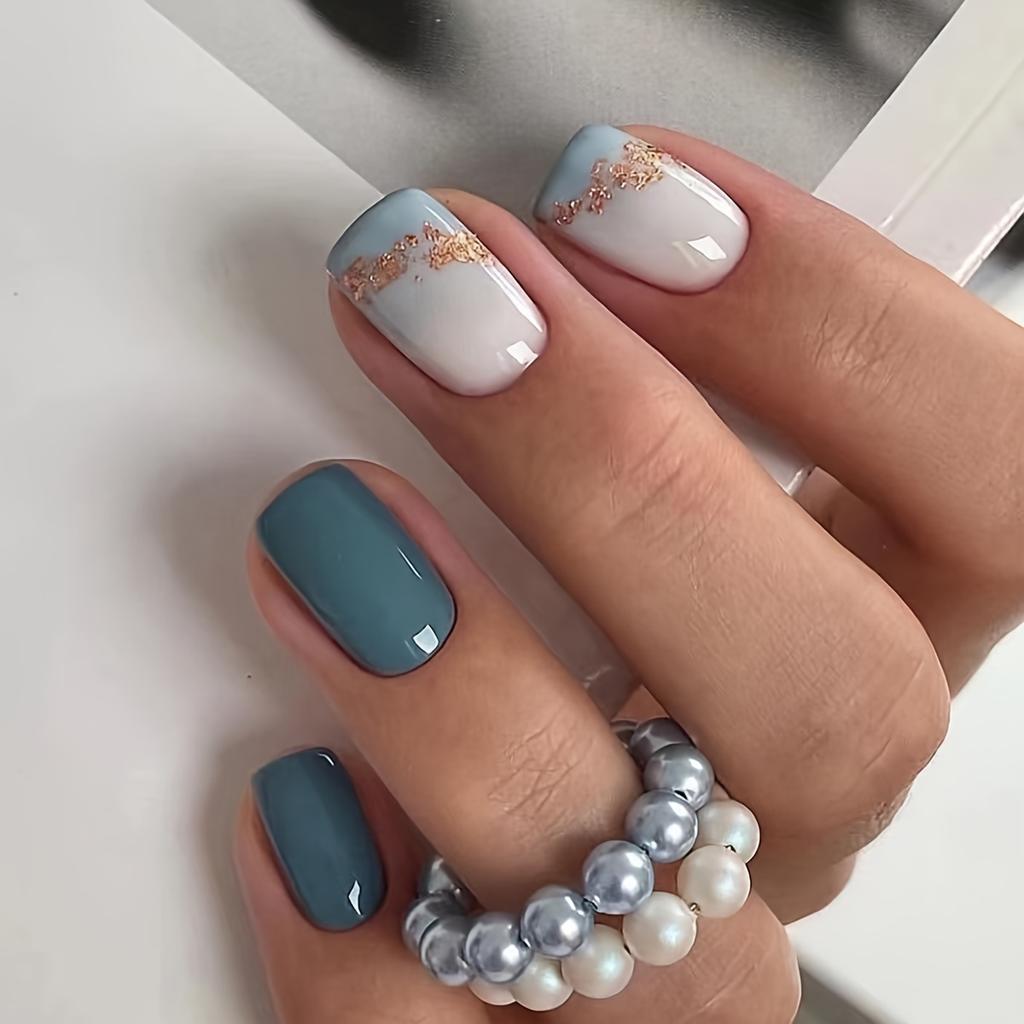 Teal and Abstract with Rose Gold Foil Square Nails Teal and Abstract with Rose Gold Foil Square Nails — Simple Short Winter Nails