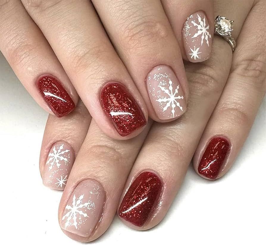 Festive Red Glitter Snowflakes Festive Red Glitter Snowflakes — Sparkly Winter Nails