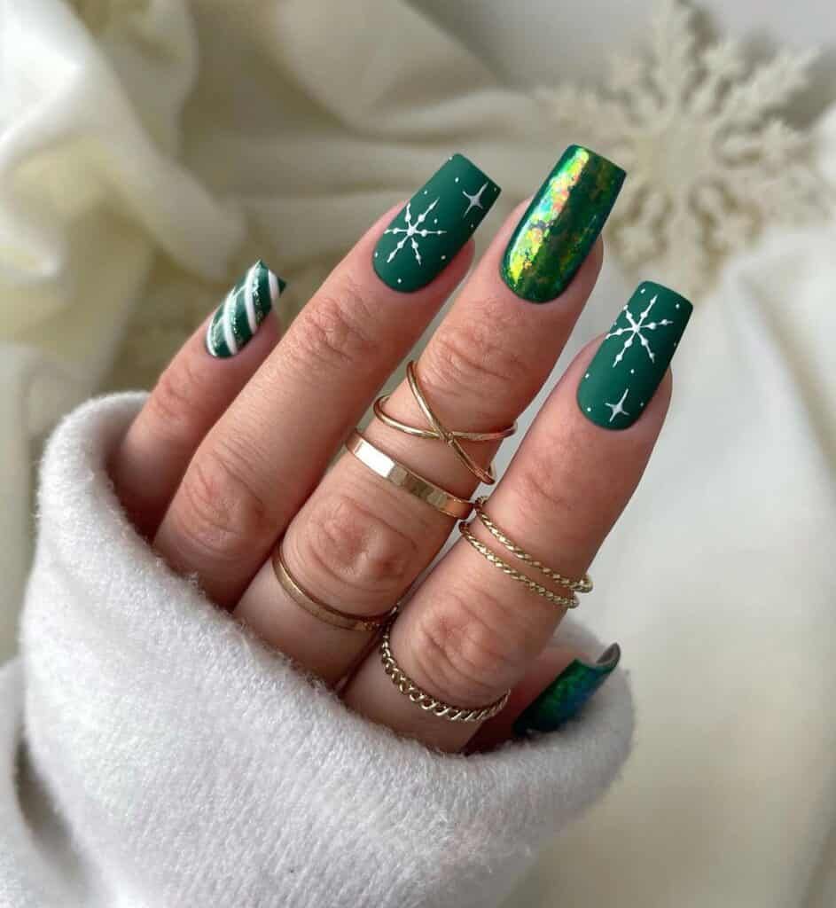 Long Coffin Matte Green with Snowflakes — Green Christmas Nails 2026