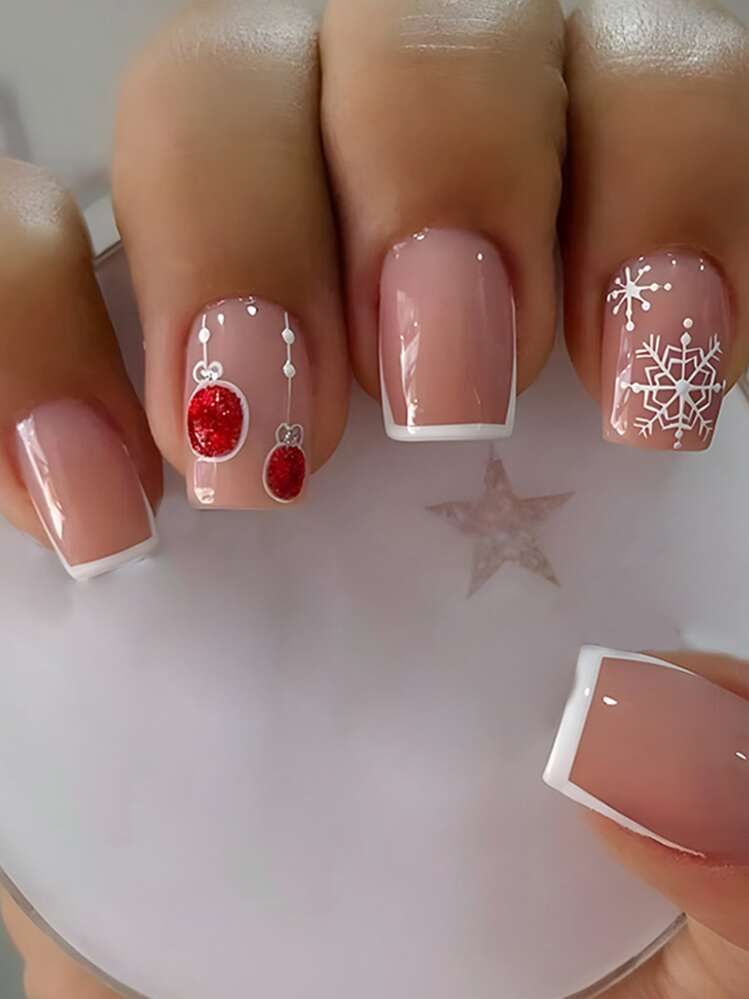 Glitter Glossy Mixed Christmas Designs Square Nails — Short Christmas Square Nails 2026