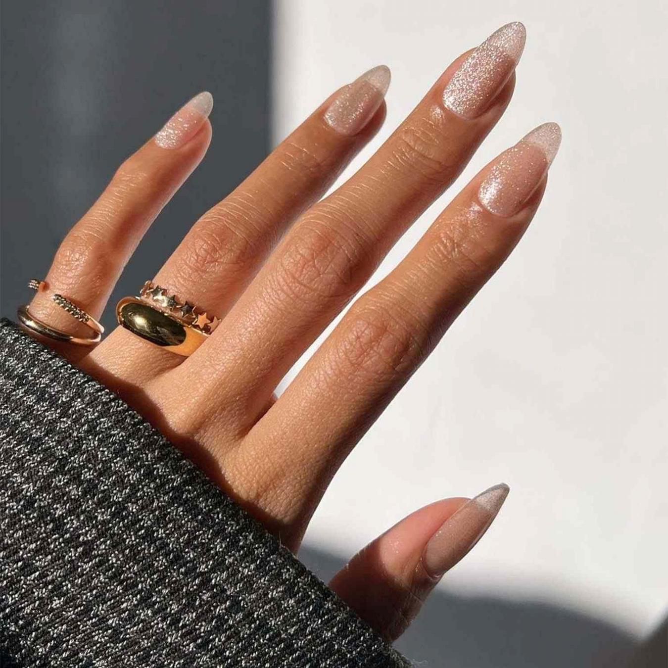 Subtle Silver Glitter Nude Almonds — Simple New Years Nails 2027