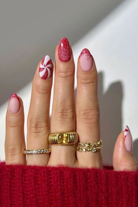 Peppermint Swirl and Glitter French Nails Peppermint Swirl and Glitter French Nails — Christmas Nail Designs 2026