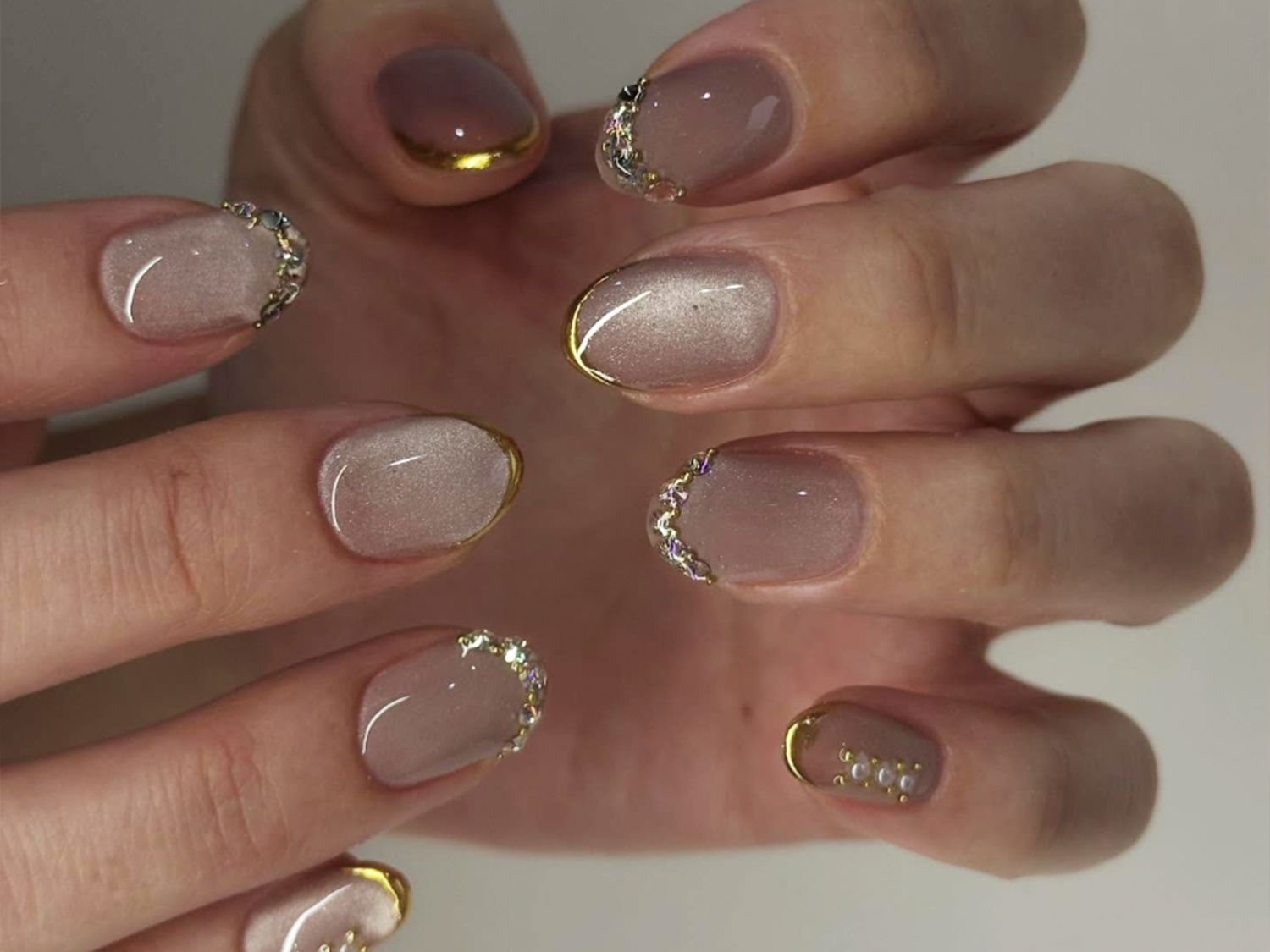 Nude Champagne Embellished Nails Nude Champagne Embellished Nails — Winter Work Nails