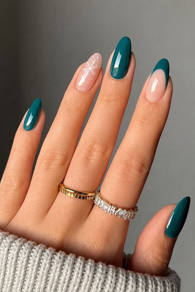Teal French Tip with Snowflake Accent Teal French Tip with Snowflake Accent — Christmas Nail Art 2026