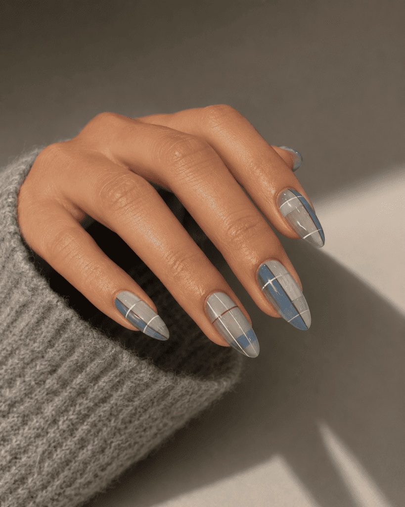 Sophisticated Blue Grey Plaid with Silver Sophisticated Blue Grey Plaid with Silver — Winter Plaid Nails