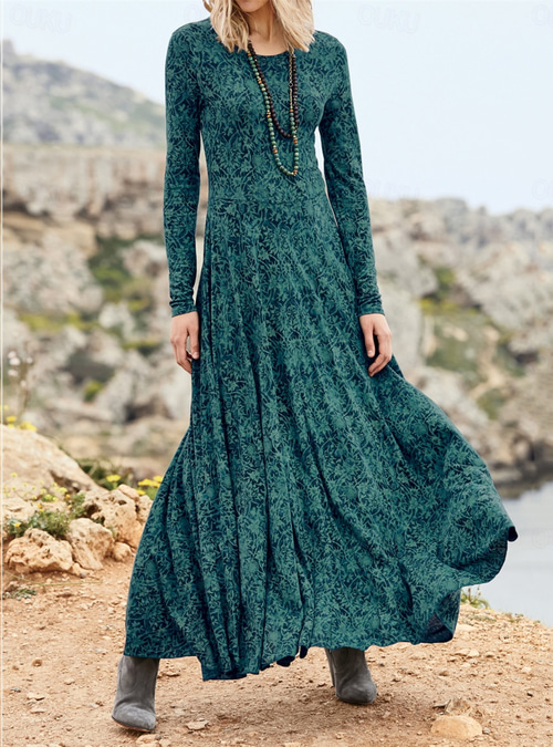 Dark Teal Printed Maxi Dress with Grey Ankle Boots Dark Teal Printed Maxi Dress with Grey Ankle Boots — Modest Winter Outfits