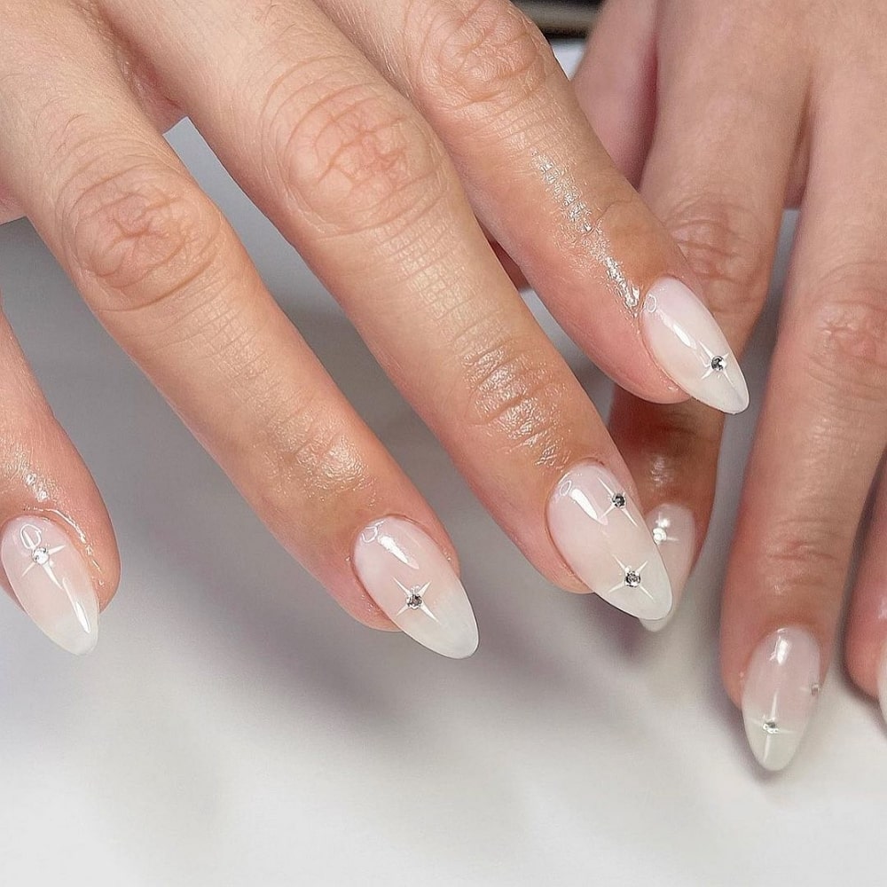 Small Rhinestones And Thin White Lines Visual Idea Small Rhinestones And Thin White Lines Visual Idea — Milky White Nails