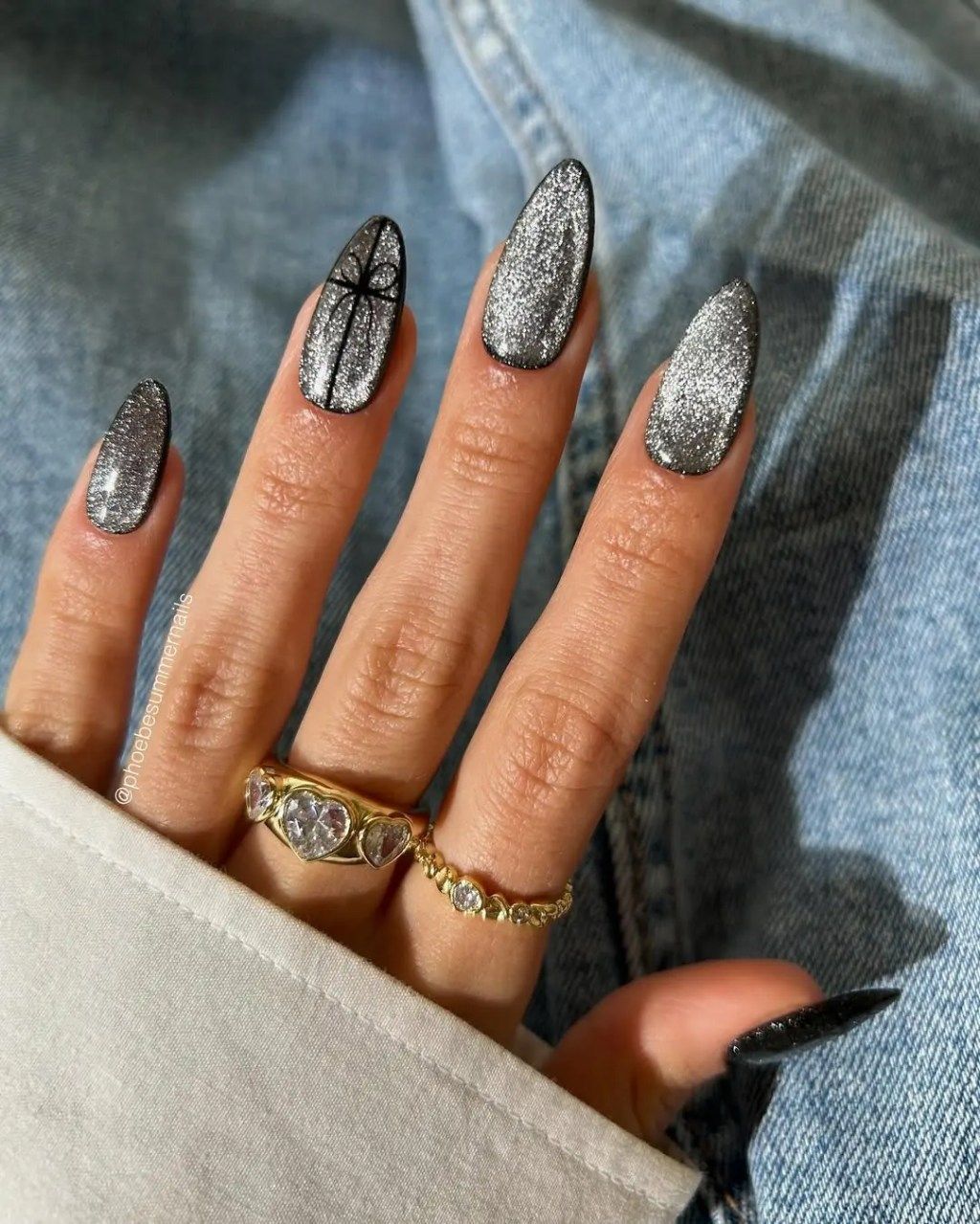 Silver Glitter Cross Design Almond Nails — New Years Almond Nails 2027