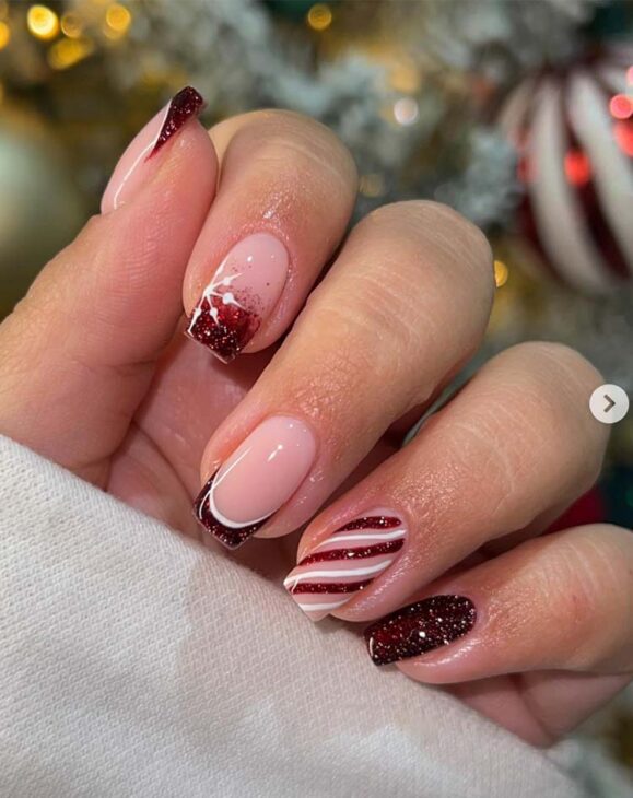 Candy Cane Glitter French Medium Almonds Candy Cane Glitter French Medium Almonds — Christmas Nails for Teens 2026