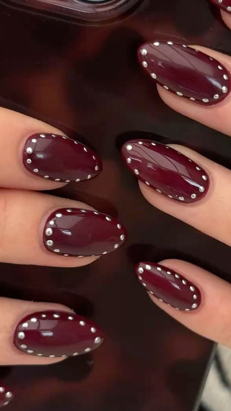 Burgundy Nude French Bows and Dots Burgundy Nude French Bows and Dots — Wine Christmas Nails 2026