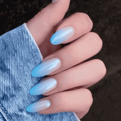 Pale Pink To Iridescent Blue Ombre Pale Pink To Iridescent Blue Ombre — Medium Winter Almond Nails