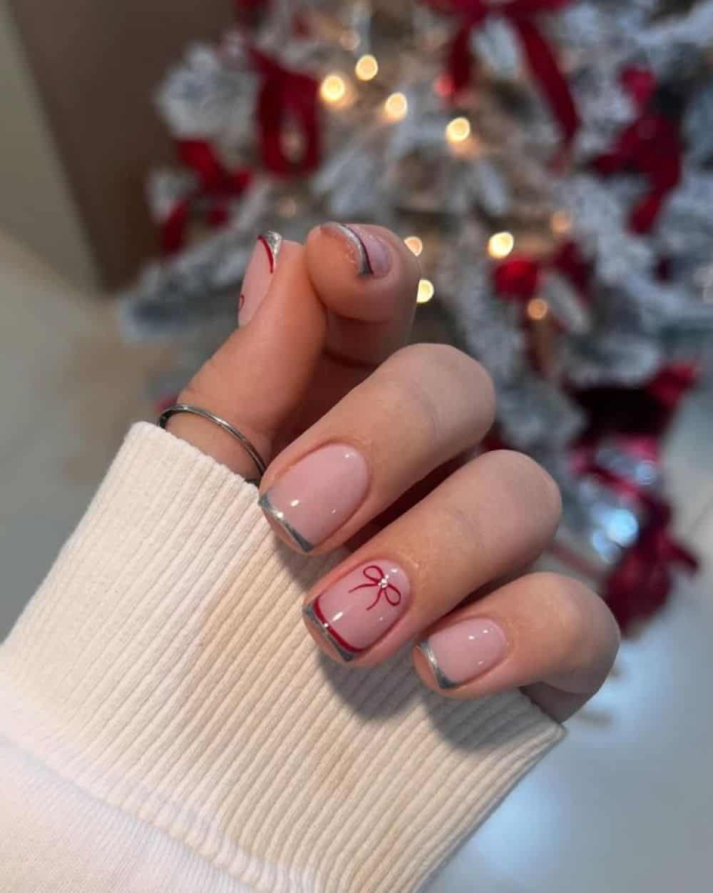 Short Square Silver French With Red Bow Short Square Silver French With Red Bow — Easy Christmas Nails 2026