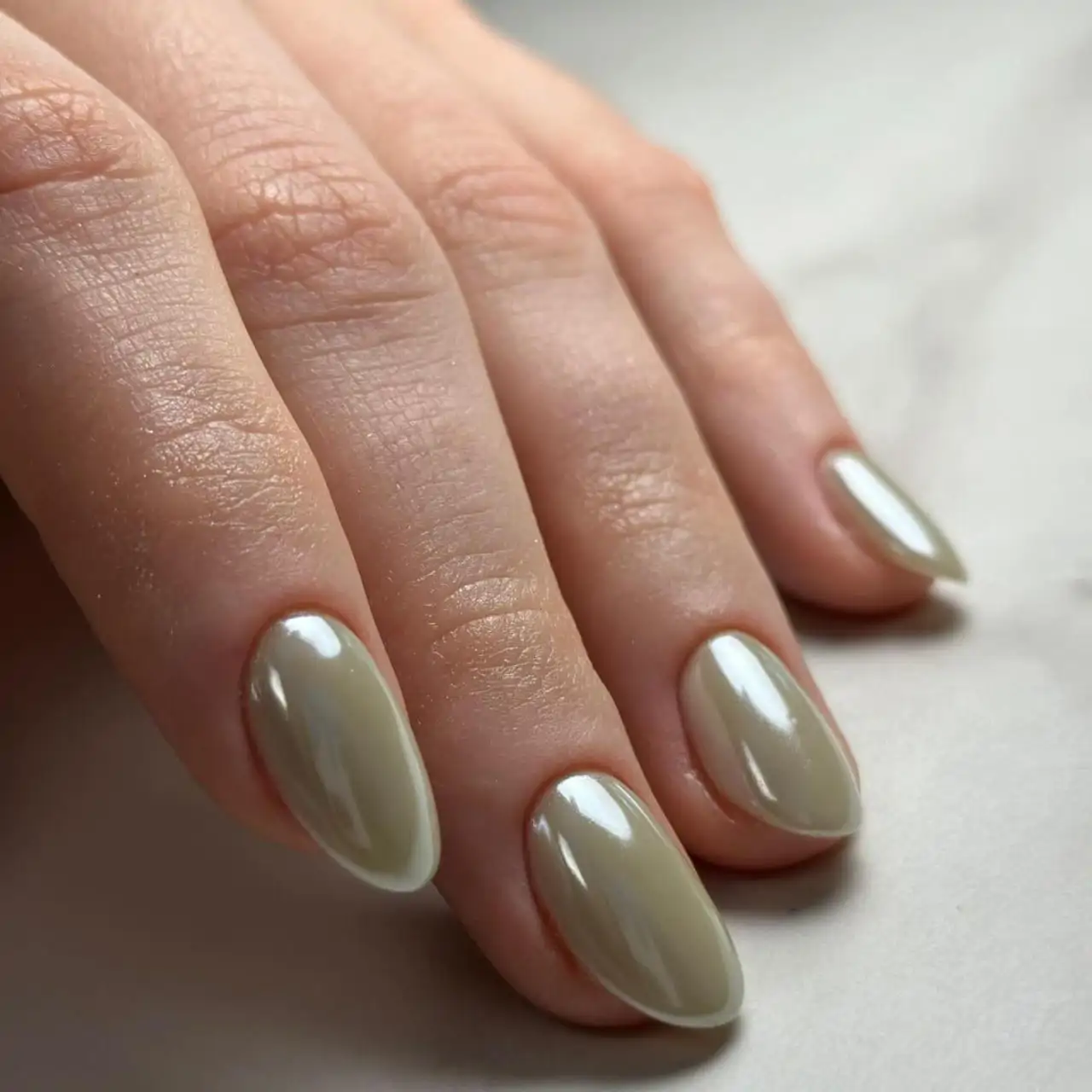 Olive Green Shimmer Oval Nails Olive Green Shimmer Oval Nails — Short Winter Oval Nails