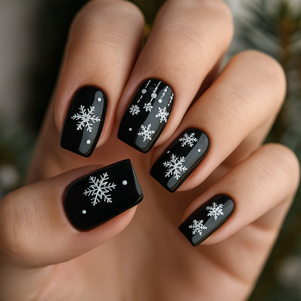 Short Square Black with White Snowflake Decals Short Square Black with White Snowflake Decals — Snowflake Nails