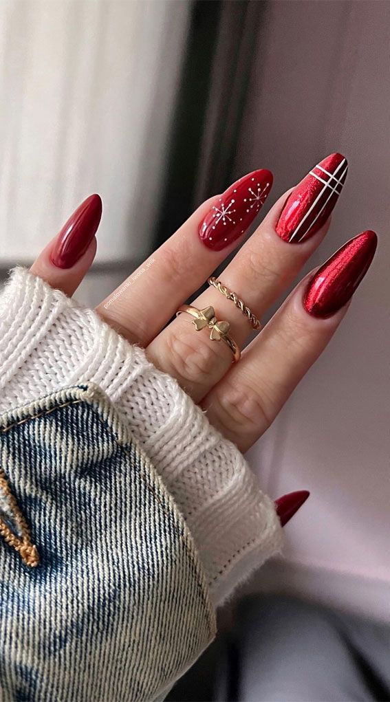 Glossy Red with Chrome and Snowflakes Glossy Red with Chrome and Snowflakes — Christmas Nails 2026