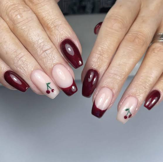 Deep Red Cherry French Coffin Nails Deep Red Cherry French Coffin Nails — Cherry Red Christmas Nails 2026