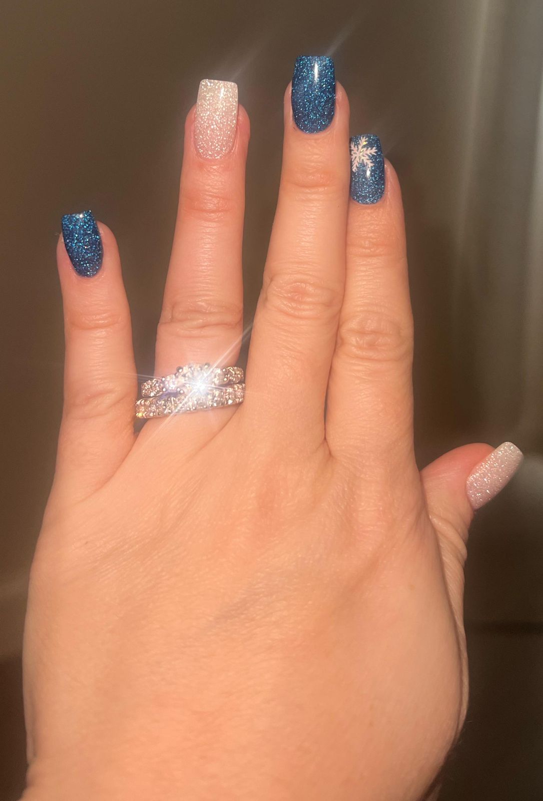Short Blue and Silver Snowflake Nails — New Years Dip Powder Nails 2027