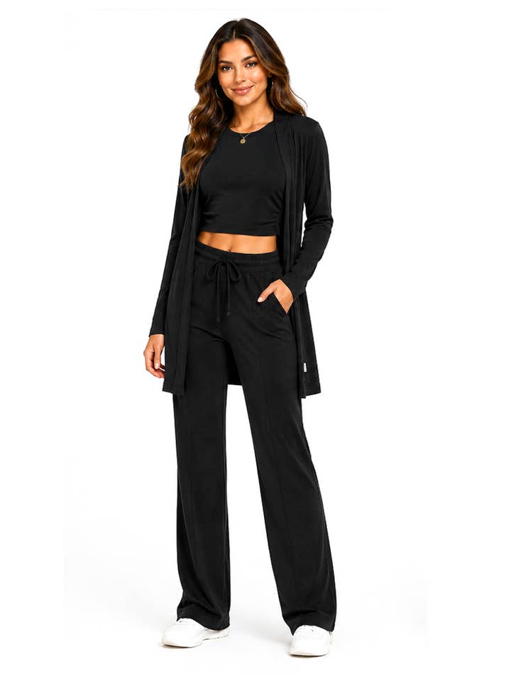 Black Ribbed Knit Three-Piece Loungewear Black Ribbed Knit Three-Piece Loungewear — Loungewear Outfits