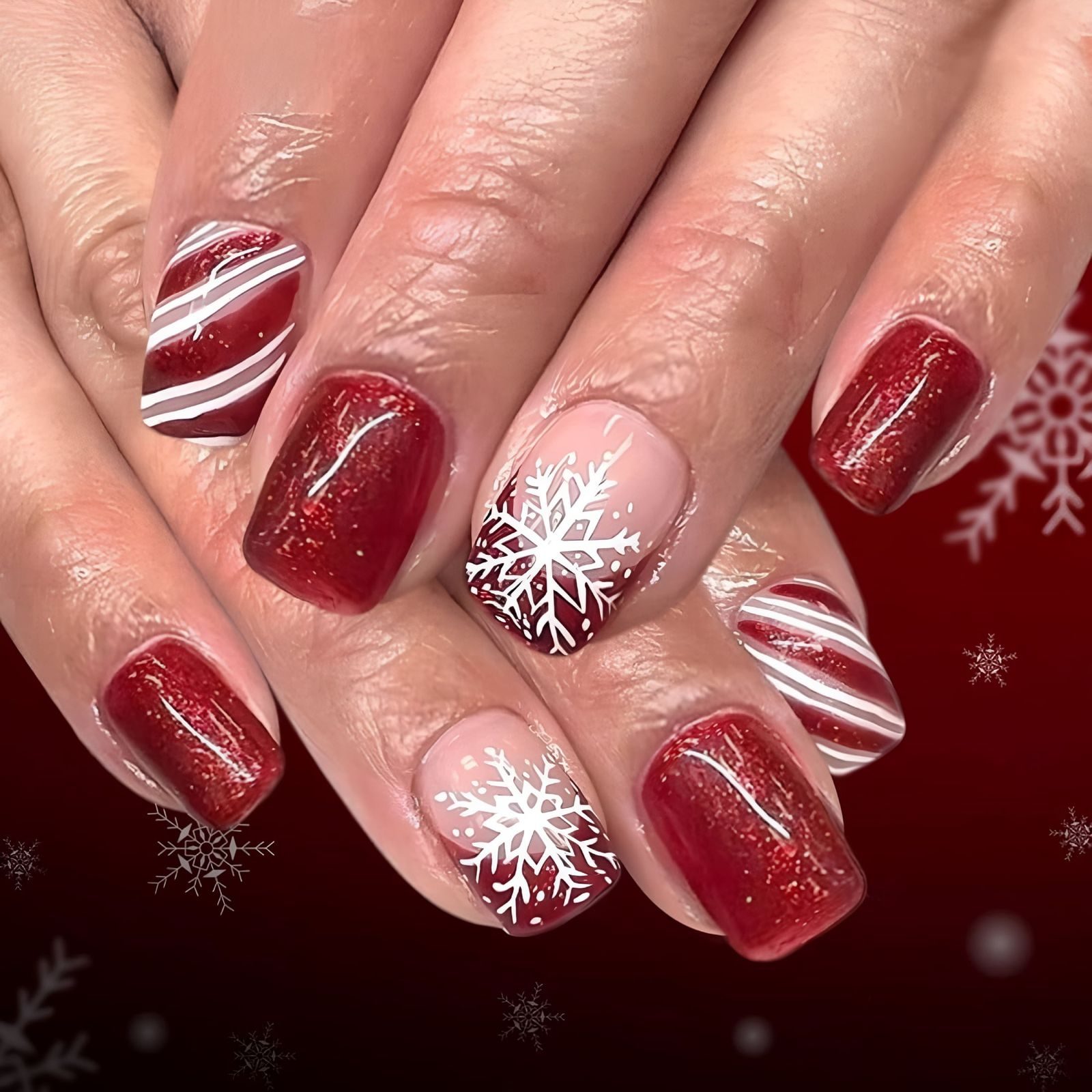 Deep Red Snowflake Candy Cane Square Nails Deep Red Snowflake Candy Cane Square Nails — Medium Christmas Nails 2026