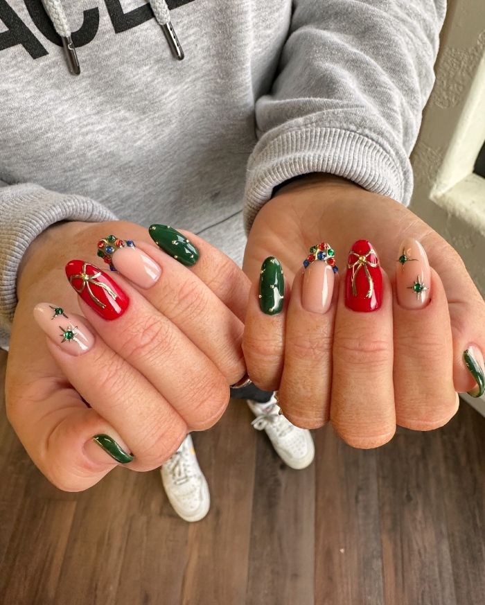 Red and Green Nails with Gold Bows and Gems Red and Green Nails with Gold Bows and Gems — Red and Green Christmas Nails 2026