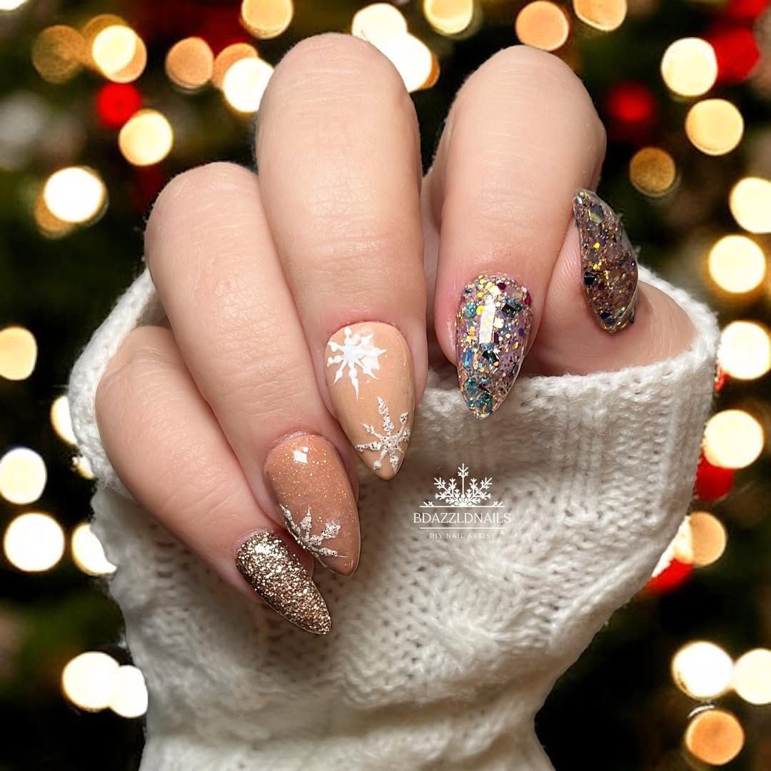 Nude Gold Snowflake Glitter Almond Nails — New Years Acrylic Nails 2027