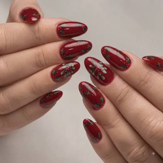 Deep Red Holly Berry Almond Nails Deep Red Holly Berry Almond Nails — Cherry Red Christmas Nails 2026
