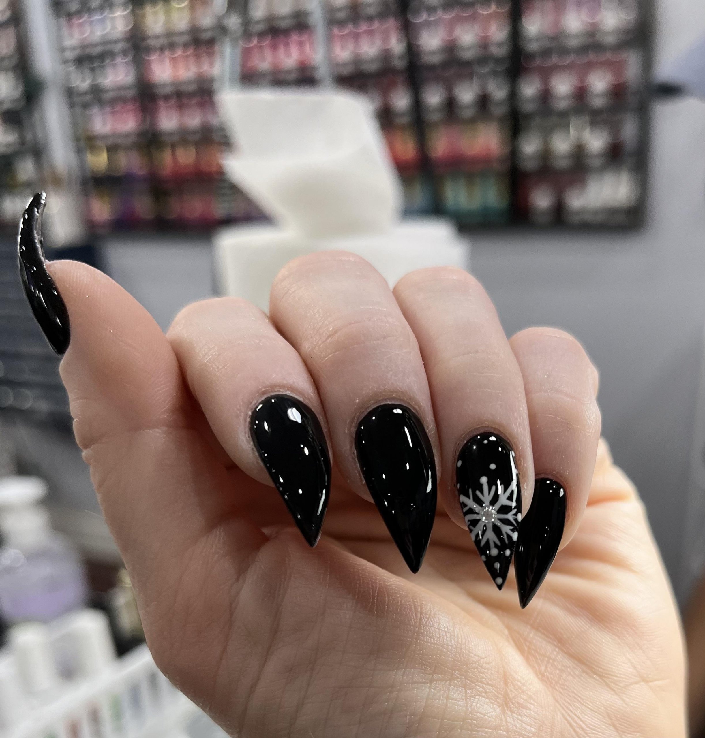 Glossy Black with Snowflake Art Glossy Black with Snowflake Art — Short Winter Acrylic Nails