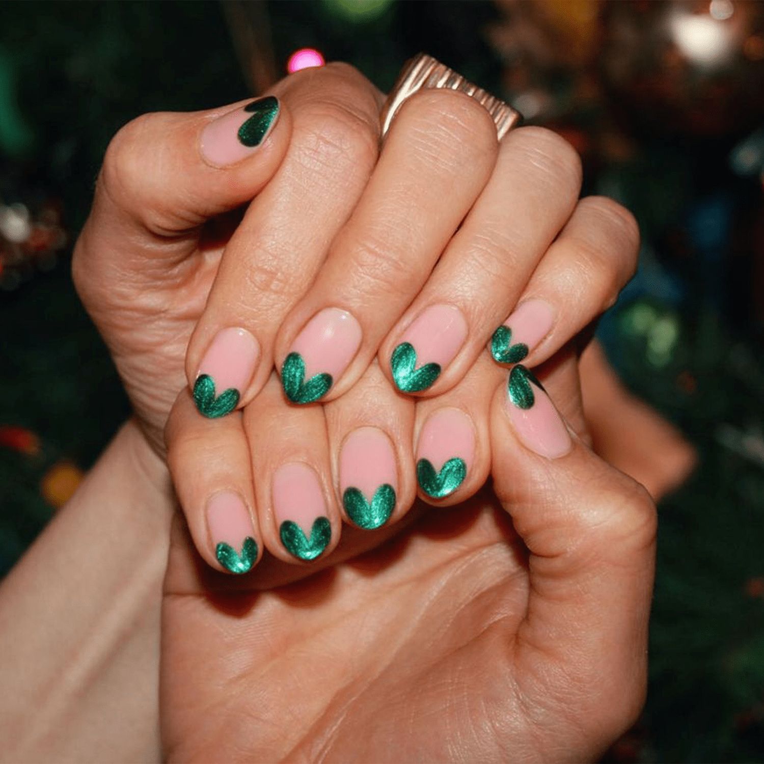 Short Almond Metallic Green Heart Tips Short Almond Metallic Green Heart Tips — Minimalist Christmas Nails 2026