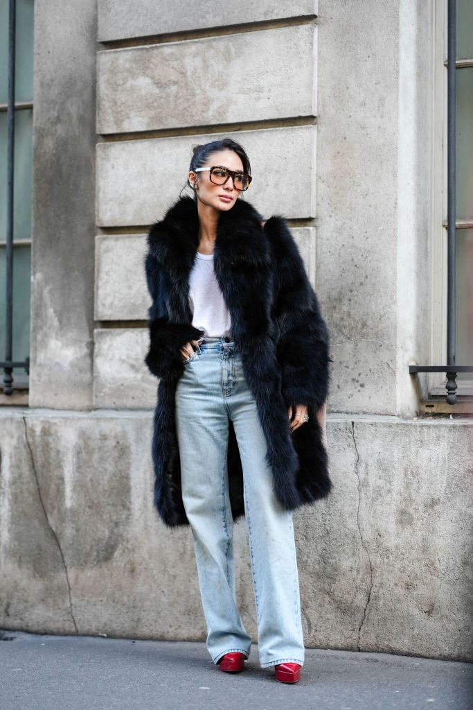 Edgy Faux Fur Coat with Jeans and Platform Heels — January Outfits