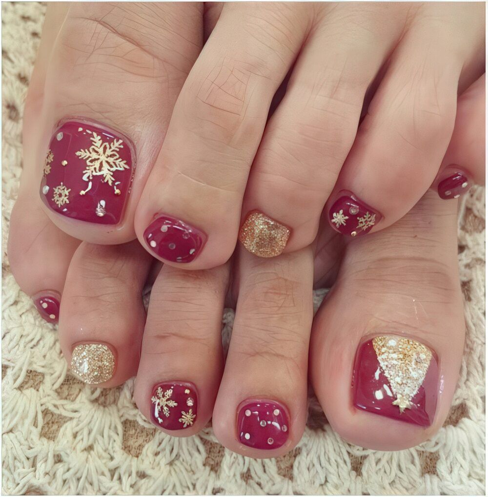 Gold Snowflake Decal Deep Red Toes Gold Snowflake Decal Deep Red Toes — Christmas Pedicure 2026