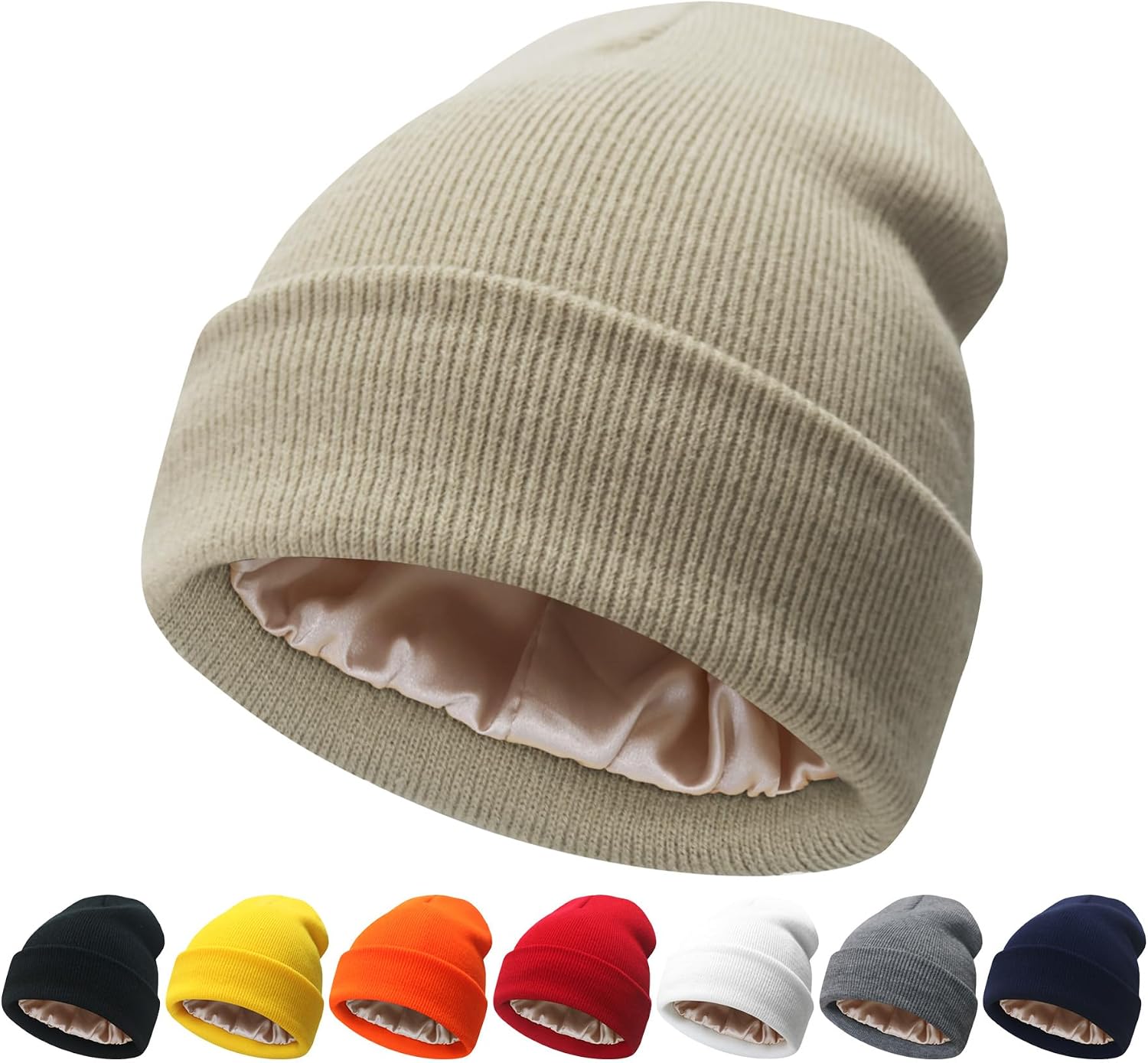 Beige Knit Beanie With Satin Lining — Winter Hat Hairstyles