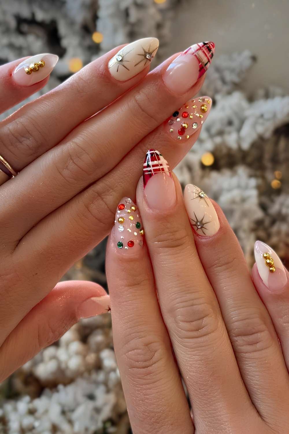 Nude Cream Plaid & Ornament Rhinestone Nails Nude Cream Plaid & Ornament Rhinestone Nails — Cute Christmas Nails 2026